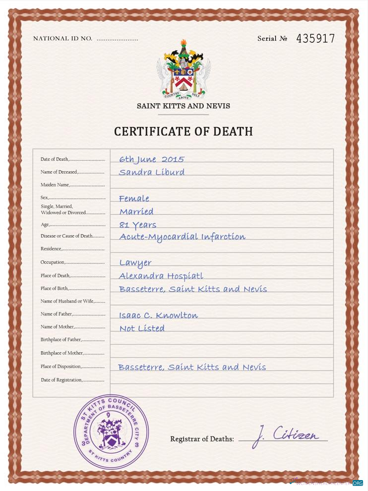 Download Saint Kitts and Nevis death certificate PSD template Photoshop template